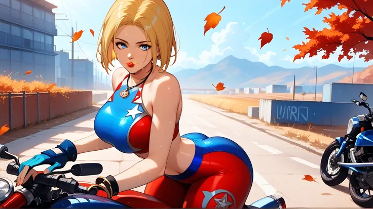 Sexy blue mary , UHD,  short hair,  blond hair,  blue eyes, Red lips,  big breasts, gold necklace, wearing tight red and dark blue MMA clothing,   motorcycle gloves,  in a wasteland,  sitting on a motorcycle , sweating, pose sexy,  sunglasses in her hair, ...