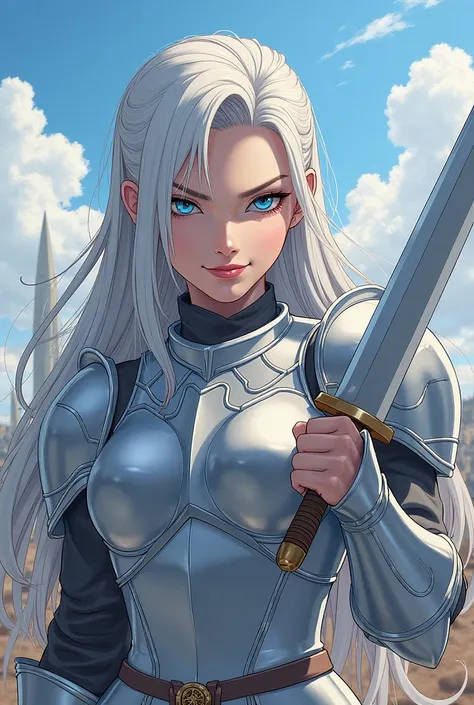 Celes Metalias from Dawn of the Silver Dragon's manga, manga style drawing, light blue eyes, wearing silver armor, very mature face, holding a broadsword with one hand, ponting the sword to the viewer, eyes facing camera, smirking, mocking camera with bitt...