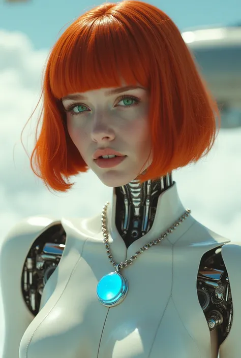 Gorgeous European woman with red hair bob haircut ,  green eyes  ,  with body,  made of a transparent ceramic shell,  under which you can see mechanical parts ,  upper body , , a glowing spherical blue amulet hangs on a silver chain around the neck , Cyber...