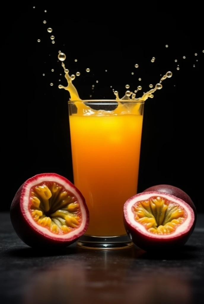 An image of fresh passion Fruits cut into two and a glass of passion Fruit juice with splashing juice. Make the background dark black 