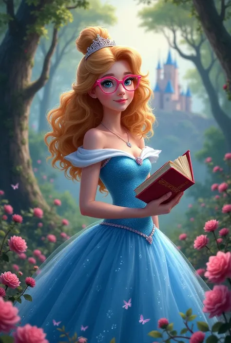  s looking at the camera ,   in the style of Disney's Princess Aurora ,  curly hair, far away, Medium blond, wearing glasses with a pink frame,  beautiful blue glitter dress , books in one hand ,  on a fairytale forest background with a large palace and th...