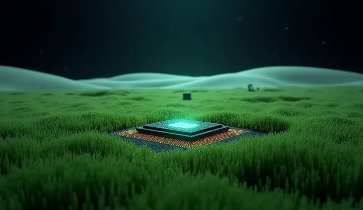 A surreal and captivating scene featuring a MediaTek Dimensity 7300 chip placed on lush green grass in the middle of a flat desert. The desert stretches endlessly, blending with the vibrant green patch, creating a striking contrast. The sky above is pitch ...