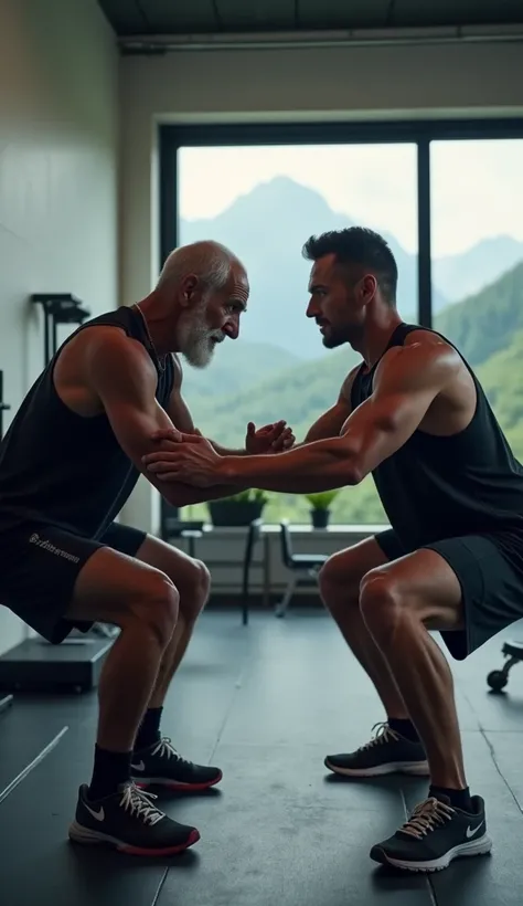 The elderly trainer is guiding the athlete’s form during a squat, both focused and intent. Subtle imagery of mountains in the background represents overcoming challenges, blending seamlessly with the gym’s modern aesthetic.