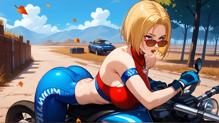 Sexy blue mary , UHD,  short hair,  blond hair,  blue eyes, Red lips,  big breasts, gold necklace, wearing tight red and dark blue MMA clothing,   motorcycle gloves,  in a wasteland,  sitting on a motorcycle , sweating, pose sexy,  sunglasses in her hair, ...