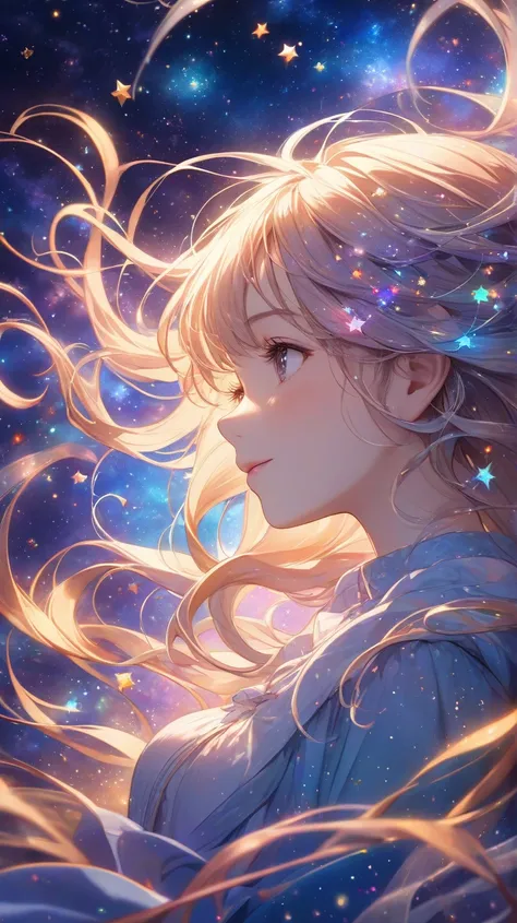 High detail, super detail, super high resolution, girl enjoying her time in the dream galaxy, surrounded by stars, warm light sprinkled on her, background is starry sky with colorful galaxies and galaxy clouds, stars flying around her, delicate face, addin...