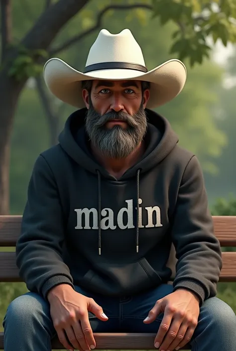 Cowboy wears black hoodie, There's madin writing on his hoodie, wearing a white hat is sitting on a park bench. background taman. 3D Animation