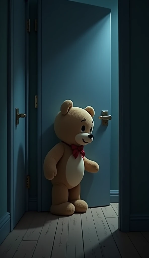 Create Hd Cartoon Image The First Weird Event
 The teddy bear suddenly moves on its own in the empty room. The camera shows the bear slowly turning its head toward the door as if it's aware of someone’s presence. Dark shadows loom in the corners of the roo...