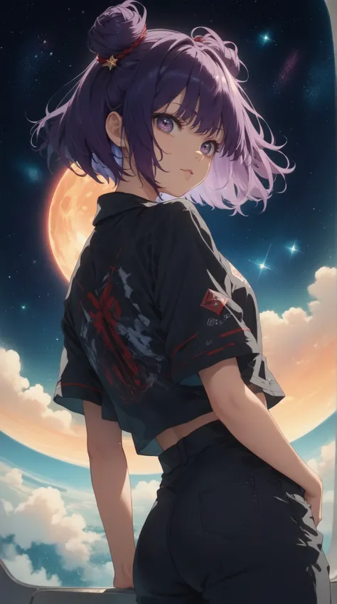 A mysterious anime girl with short bob cut dark violet hair cascading down her back, with two small buns on either side of the head. dressed in a sleek black buttoned shirt with subtle red piping and a high-tech collar that glows faintly. She stands in a r...