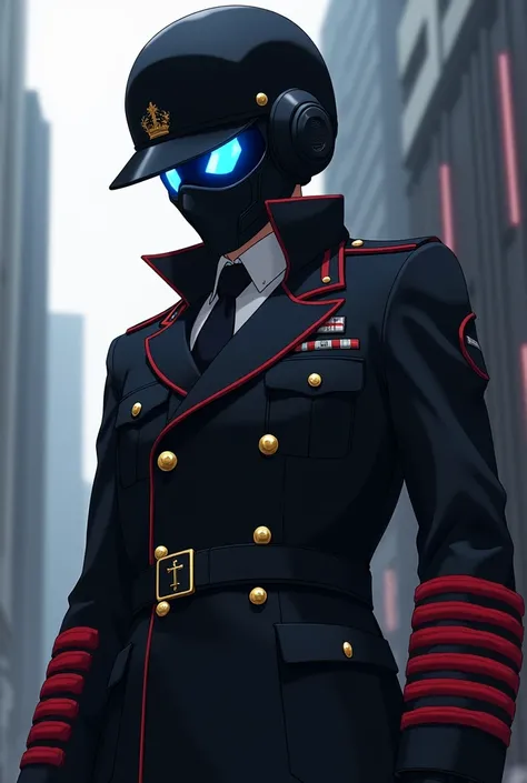 Anime character who wears a military uniform with red stripes on his arms ,  wears a helmet and a black mask with a black helmet and blue lenses that the glass of the lenses is blue