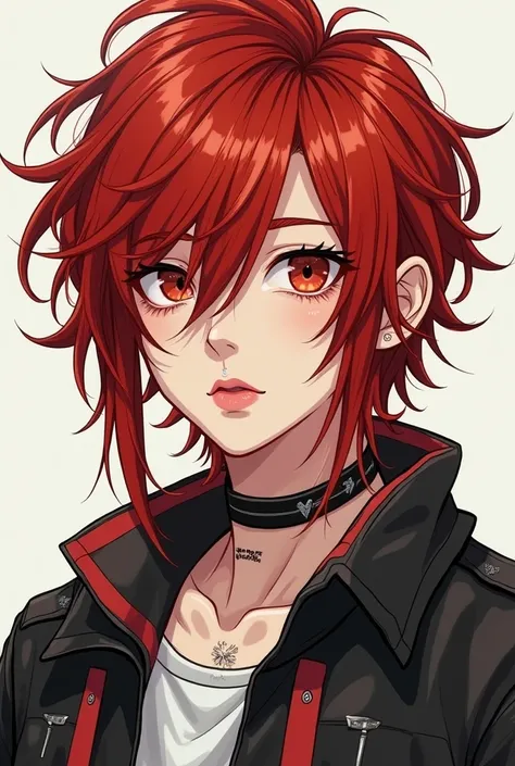  Manhwa style portrait / sleeve of a young boy ,  medium male , redhead,  with long hair ( almost shoulder length ) and pompous , Ojos rojos, pale skin, parts,  long eyelashes and heart-shaped lips.  Slightly disheveled hair ,  a lip piercing and a punk st...