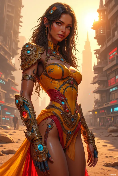  illustration of a stunningly beautiful girl, a stunning Italian girl wearing a cyberpunk latex minidress intricate vibrant festive Indian details (saffron, red, rich mustard, pacific blue) glowing faintly, standing against a vast alien landscape, a massiv...