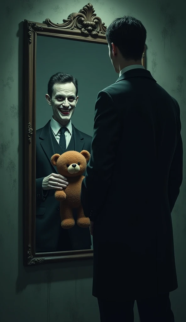 Create Hd Cartoon Image The Flashback of the Killer
   A ghostly figure of a man, dressed in dark clothing, stands in front of a mirror, holding the teddy bear with a wicked grin. His reflection shows him as an older, sinister version of himself. The scene...