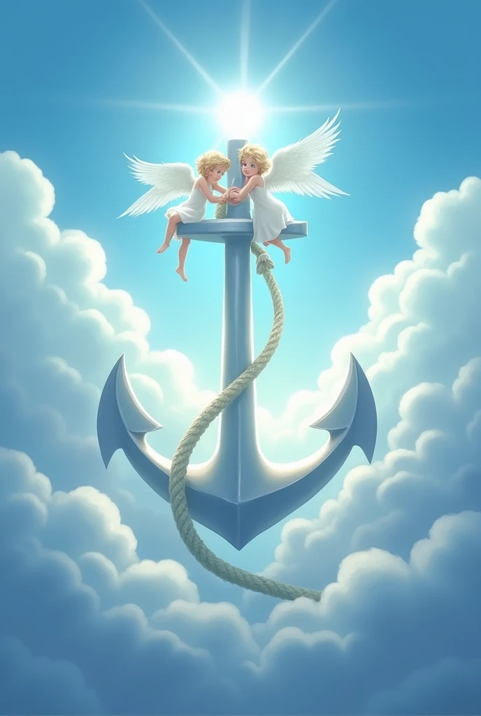 Create a blue heavenly background blended with small size anchor in the clouds and angels flying around it 