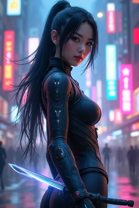  A stylish female fighter from South Korea, with sleek black hair, wearing a futuristic battle suit, holding a glowing energy sword, and standing in a neon-lit city.