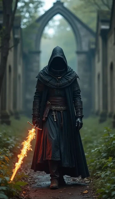 In a breathtaking 8K wallpaper, a stunning medieval black wooded rebel knight cybernetic mage with cool robes and glowing flaming sword full shoot walking trough church ruin in a forest, sci-fi, photorealistic, cinematic, --v 6 --ar 2:3 --stylize 750