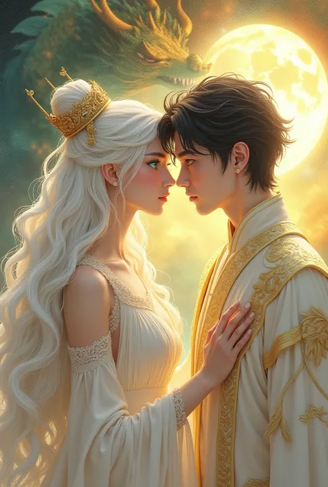  A white-haired princess ,  long and wavy, with a crown,  turquoise eyes and wearing a long white dress with yellow details .  Next to her ,  a black-haired prince ,  striking look and brown eyes , admiring her tenderly . In the background,  a Chinese drag...