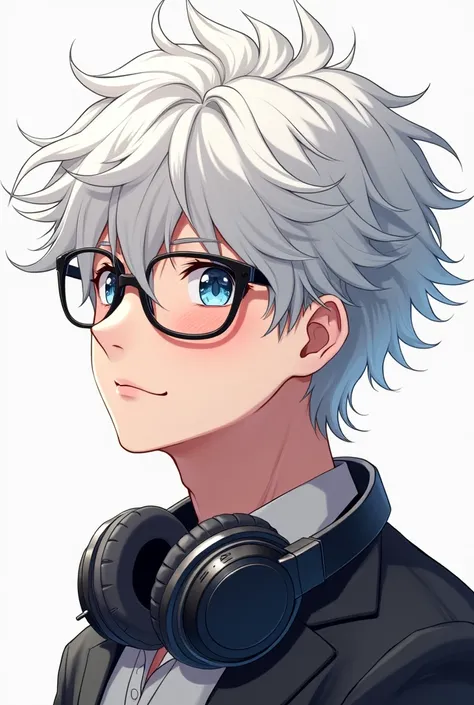 Man anime blush in the face maximal white hair, with glases and headphone in the neck