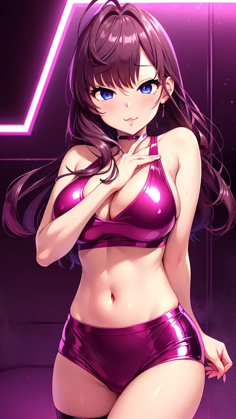  erotic、Ichinose Shiki、Big Breasts、Sexy shiny latex sports bra　Bloomers、 Pink Love Hotel With Dark Lights 、 pink wall 、Evil grin、despise、 look down、Open your mouth slightly、 Evil Female Executive、 angle from below、lure