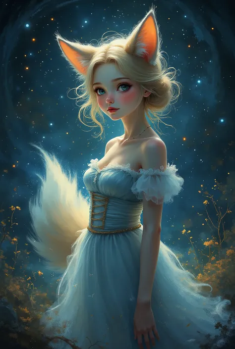 cute realistic girl,fox ears ,fox tail,perfect match up body ,pale skin,rosy cheeks,blue highlight, emitting light, night atmosphere