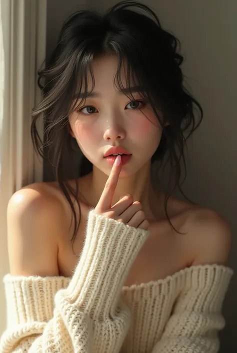 23 years old. Japanese girl. off-shoulder knit. Finger in front of mouth.