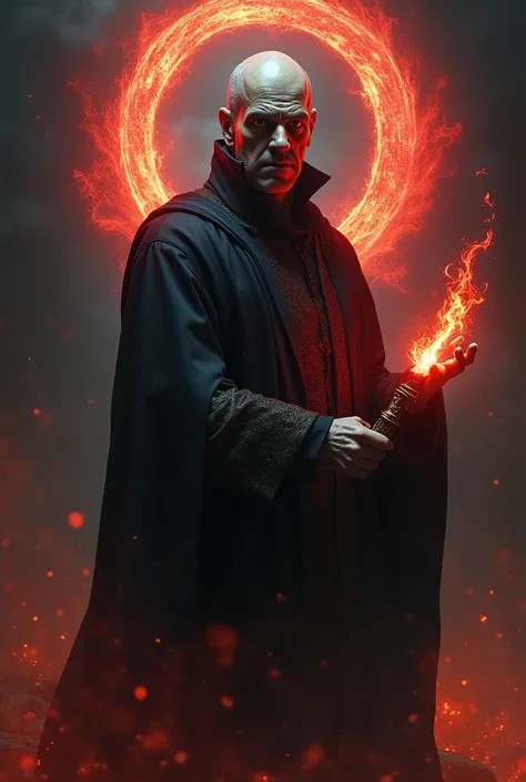 A sinister scholar underworld with a glowing, red pen in hand .  A dark halo floats above his head,  and burning documents flying around him .  standing in front of the camera 