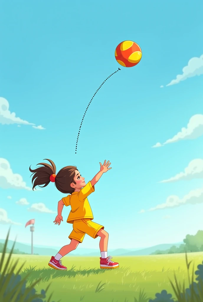 Emma throws the ball with all her might. The ball arcs upward in the air with a dotted line showing its path.Emma will be the one wearing yellow