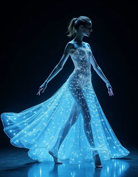 A futuristic dancer performing in a glowing gown with LED-lit strands that sway with every movement. The lights pulse gently in hues of blue and white, giving the impression of waves. The dark stage highlights the brilliance of the glowing dress, creating ...