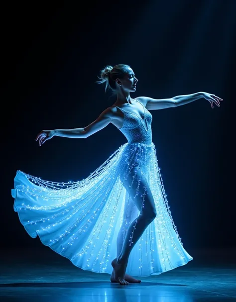 A futuristic dancer performing in a glowing gown with LED-lit strands that sway with every movement. The lights pulse gently in hues of blue and white, giving the impression of waves. The dark stage highlights the brilliance of the glowing dress, creating ...