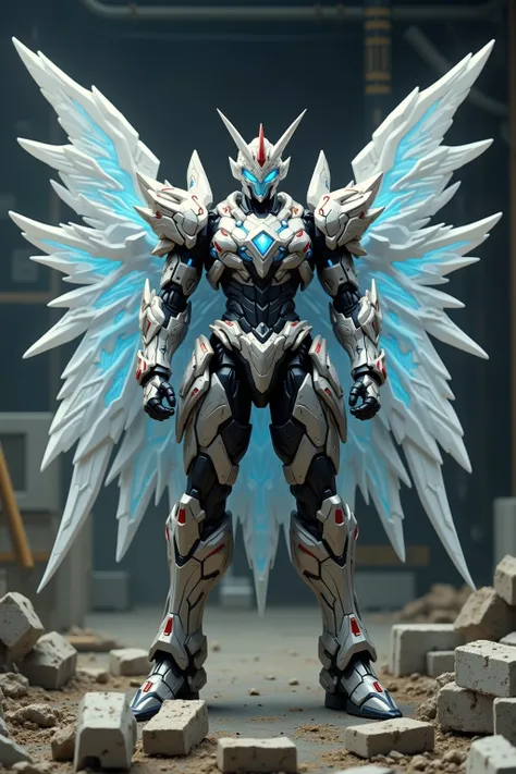 Kamenrider lifts brick of white color,4 wide wings of white color,red antenna,magic light blue fire eyes,8k, Textured Skin,building construction background