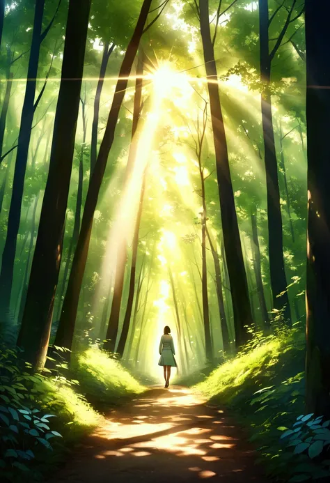 " A solitary figure walking on a forest trail illuminated by sunbeams,  conveying tranquility , purpose and focus on the personal journey ."