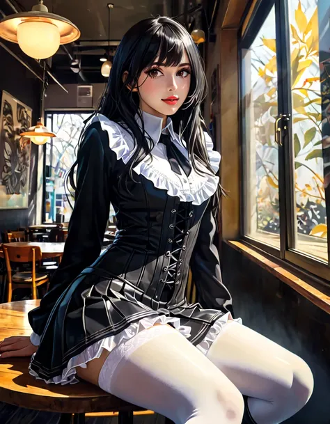 1girl, adult, sitting at table in the coffee shop, solo, skirt, indoor, coffee shop, urban scenery visible out of windows, long hair, straight hair, sitting, shirt, frill on shirt, tight skirt, neckline, black skirt, microskirt, slit on skirt, long sleeves...