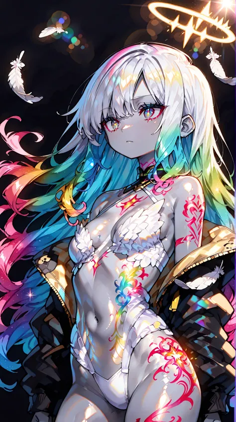    high resolution, masterpiece,    accurate,     best quality,      high resolutionモデル    ,     high detail,     very detailed,   Ultra-fine,   simple black background ,    shiny hair,   colorful hair,   Neon Light Body   、Apocalypse,   Artistic  ,    Neo...