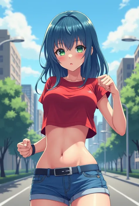 A 26-year-old sexy anime girl wearing a red crop t-shirt, with a breast size of 40 inches and deep cleavage. She's also wearing mini blue jeans, has shiny blue hair, and green-colored eyes. She's wearing stylish shoes and standing on a road in a simple fig...