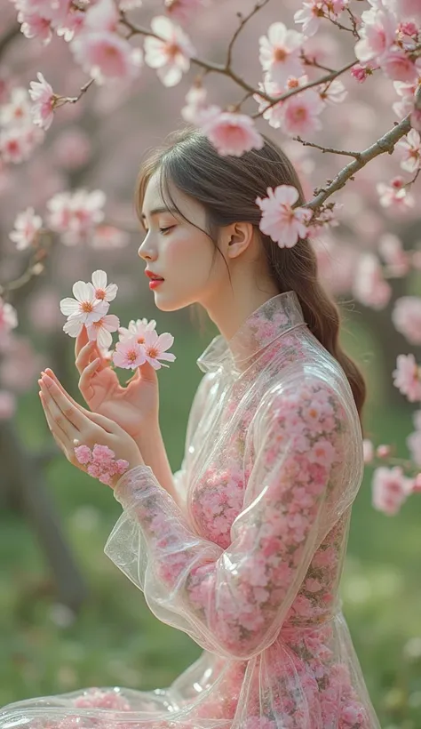 airbrushing,inside a transparent female body flowers,  beautiful transparent body in the form of a girl made of transparent glass filled with flowers inside, in the forest sits on a cherry tree, beautiful pose,blows on palms with flowers,close-up,hyperaest...