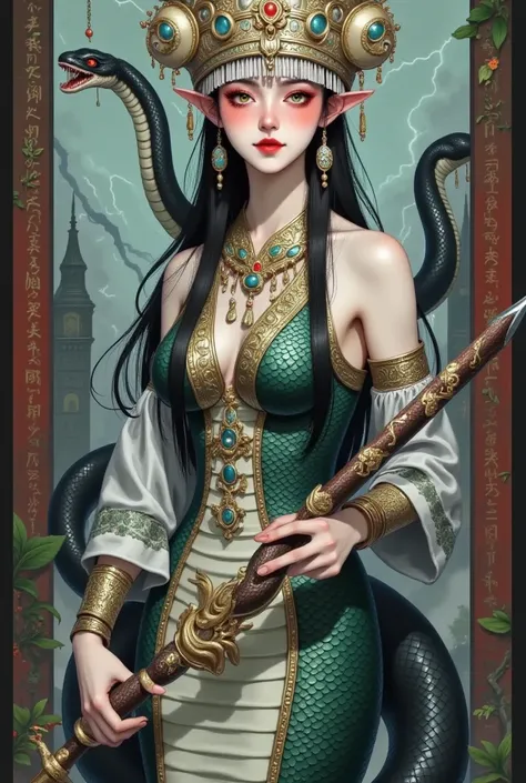 Scary Cleopatra，skull crown， snakeskin dress ，black python wrap， red eyes。Hold a long sword with both hands。Suspended buildings，lightning