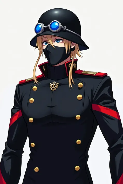 Anime character who wears a military uniform with red stripes on his arms , He wears a helmet and a black mask with a black helmet and blue lenses that the glass of the lenses is blue with men with the Blue medals shoulders with a blue tie