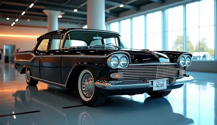 High resolution picture of Lotus black 1960 AMC Rambler in pristine showroom, clean and shiny floor, ceiling glass windows on right side, shiny showroom.Flux style,Best Quality, 