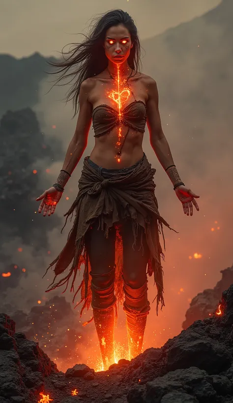 In a barren, volcanic landscape, a fierce woman stands amidst jagged black rocks, her presence both mesmerizing and terrifying, as if channeling the very force of the earth. Her pose is dynamic and full of intensity—one foot braced forward, her torso twist...