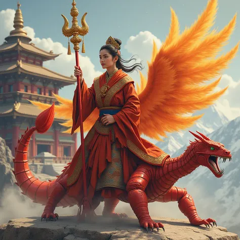 A Tibetan woman hold a golden trident and riding a red scorpion ,  she has a huge phoenix blazing wings at her back. There has a big “199S” on her chest and cloth. Back ground is Tibetan temple and at temple back has snow mountains.