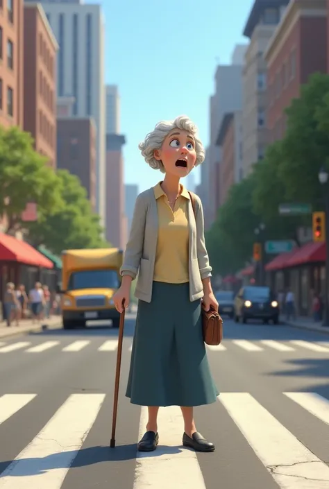 A 3D-style animated city scene with an elderly woman in her late 70s standing frozen in the middle of a busy street, looking with fear at a large truck speeding toward her. The woman has short, slightly curly white hair, wearing a light-gray cardigan over ...