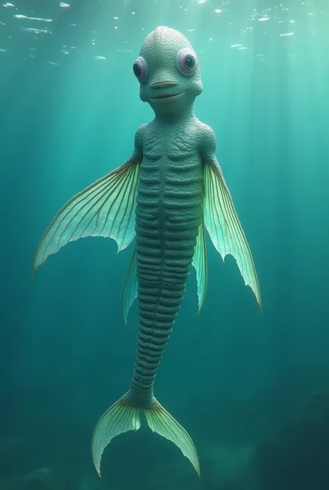 A combination of a fish and a human, with a human-shaped upper torso and a fish-like shiny striped lower torso, with light blue and green shiny skin, and long fish wings that looked beautiful while swimming in the water."
