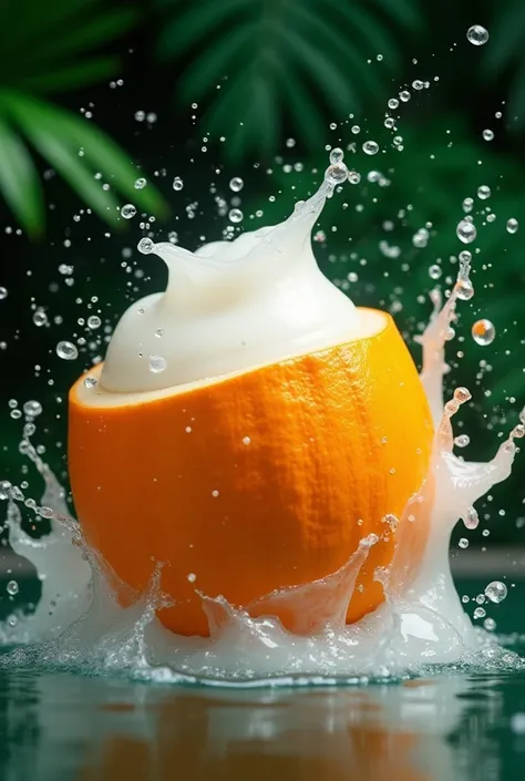 An image of a orange king coconut and splashin king coconut water with milk. Make the background dark green 