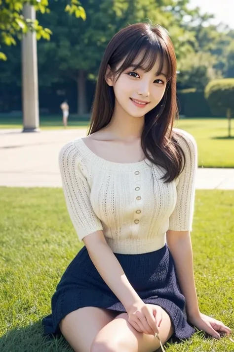 ((( best quality)))　(( Top Masterpieces))　live-action　(((Realistic beautiful girl)))　 old Japanese beautiful girl　((( cute face )))　(Baby Face)　 looks like a top idol 　((knitted dress with mini skirt))　((( sitting on a park lawn )))　 short　smile　Creating B...