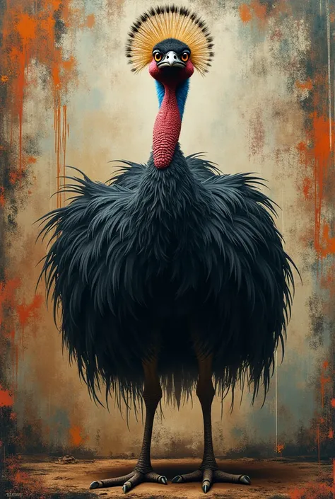 A beautifully designed cassowary facing straight look at me as the background image and name SHARON FIRMAN written on it in a Graffiti writing