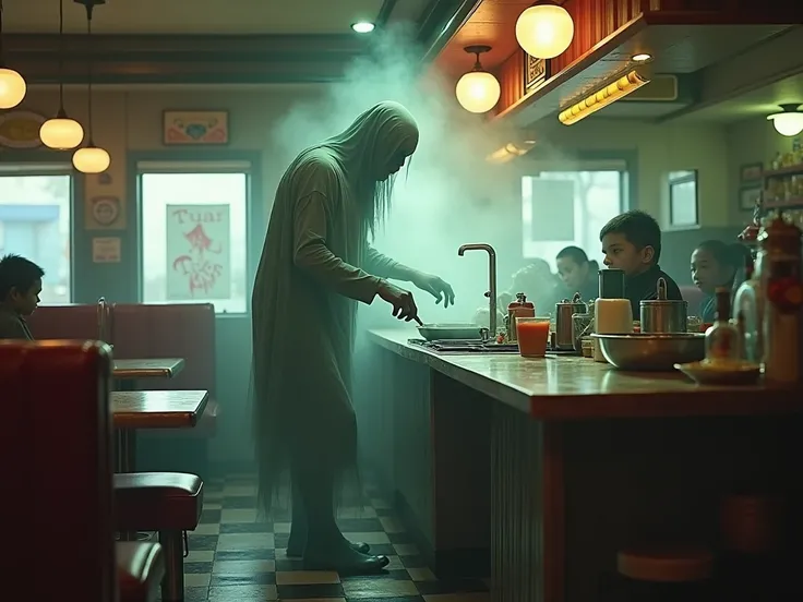 make me a picture of pocong at the diner cooking