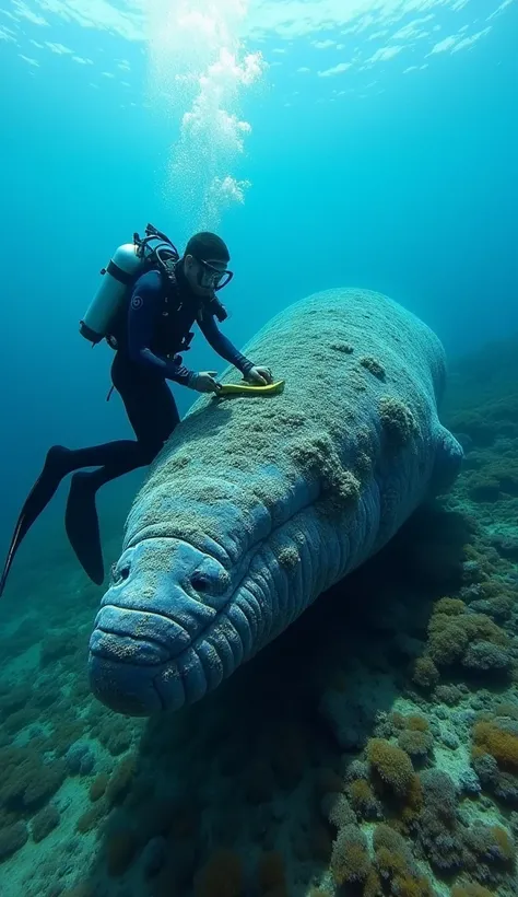 This is a fascinating underwater image of a diver interacting with a whale, likely performing some form of cleaning or grooming. Below is a detailed description for a prompt:

"A breathtaking underwater scene featuring a large gray whale covered in barnacl...