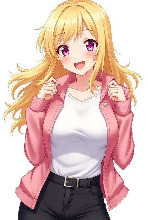 Anime Girl with Blonde hair, Pink eyes, Smiling, both hands raised halfway through her body, open pink jacket, white tshirt and black pant, big bust size