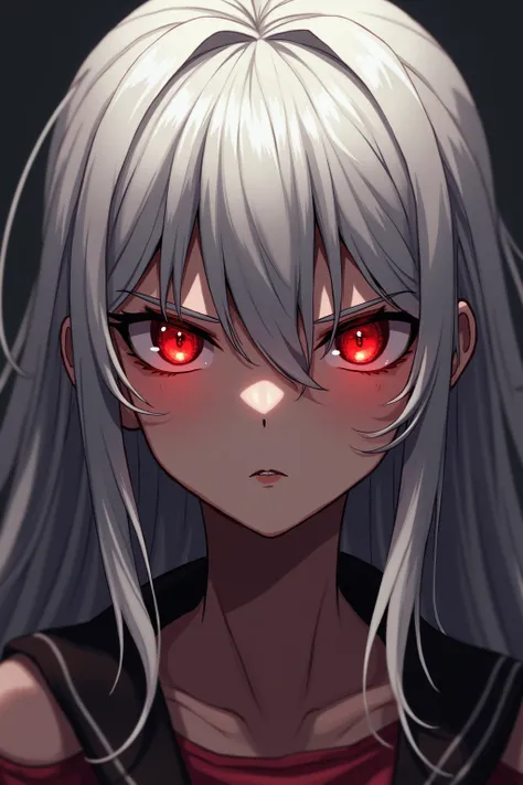 Angry anime girl Very detailed,  white hair, Lots of hair, Ojos rojos, 