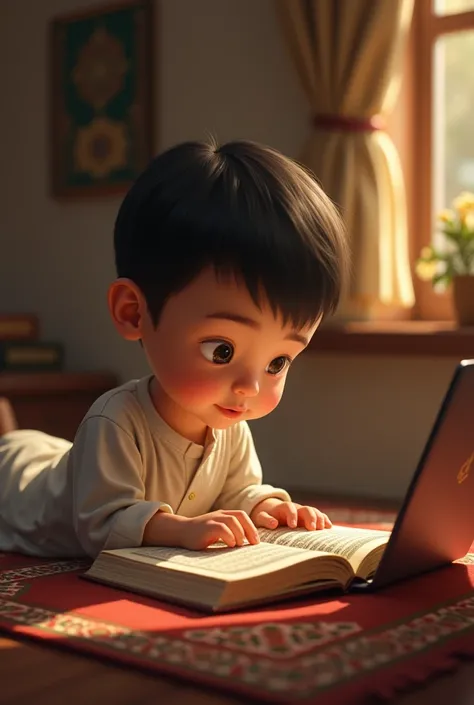 Cute boy learning Quran online with laptop