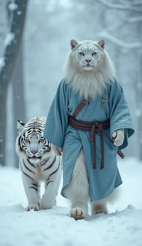 spiritual companion  .   beastman, a handsome light blue big cat beast man 、２Beastman walking on full legs 、 wearing an old Japanese man's kimono 、 cat beast man is followed by a giant white tiger、 Snow Scenery 、 photos、 real 、 Details、 high quality、 high ...